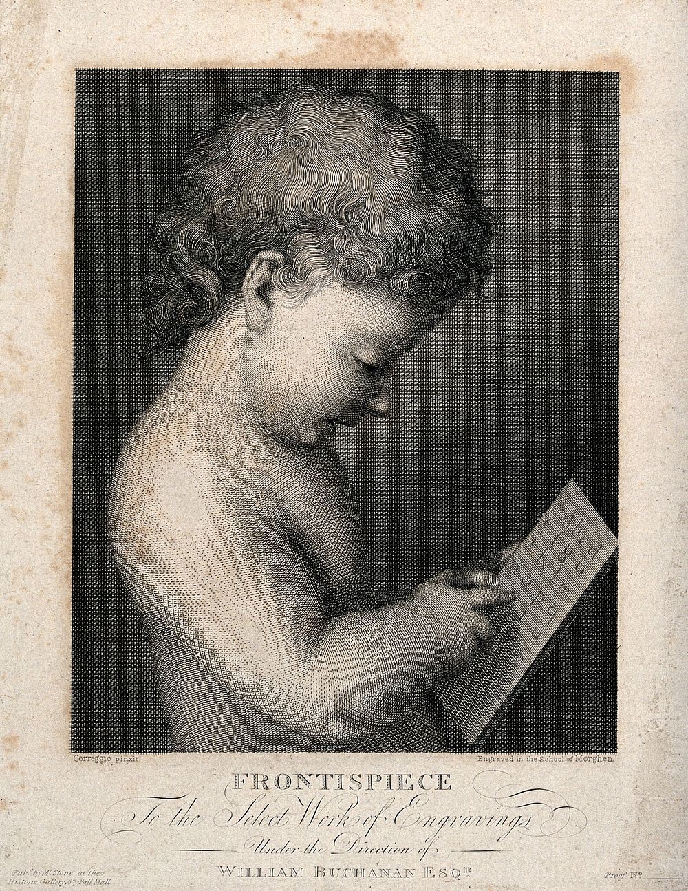 Cupid learning to read the letters of the alphabet. Engraving after A. Allegri, il Corrreggio.