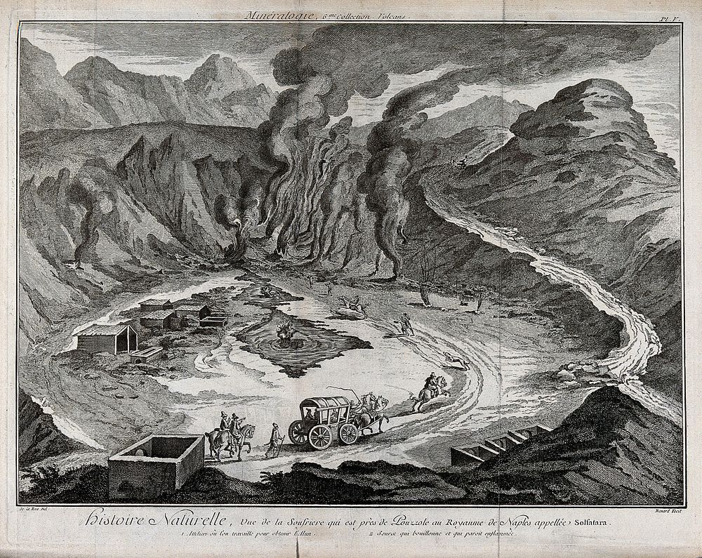 "Vulcan's cave" on the Solfatara, near Naples, showing volcanic gases and the processing of alum. Etching by Bénard after…