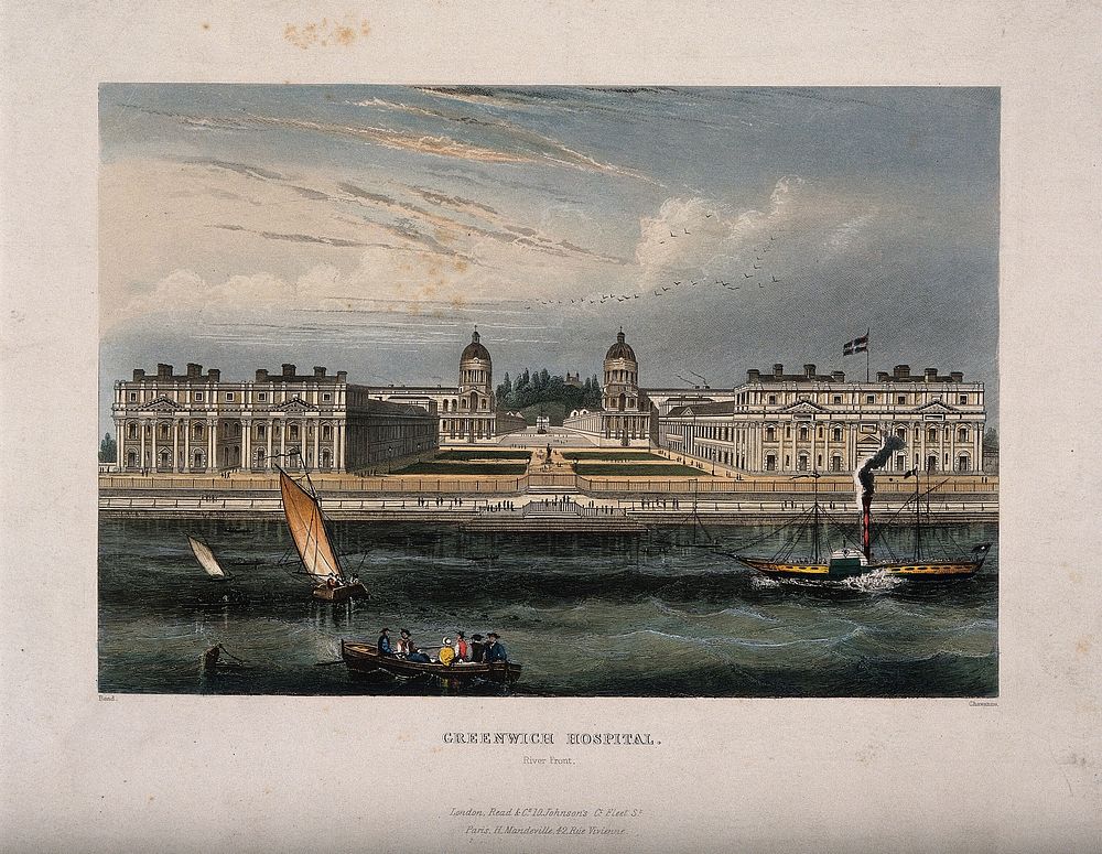 Royal Naval Hospital, Greenwich, with ships and rowing boats in the foreground. Coloured engraving by Chavanne after Read.
