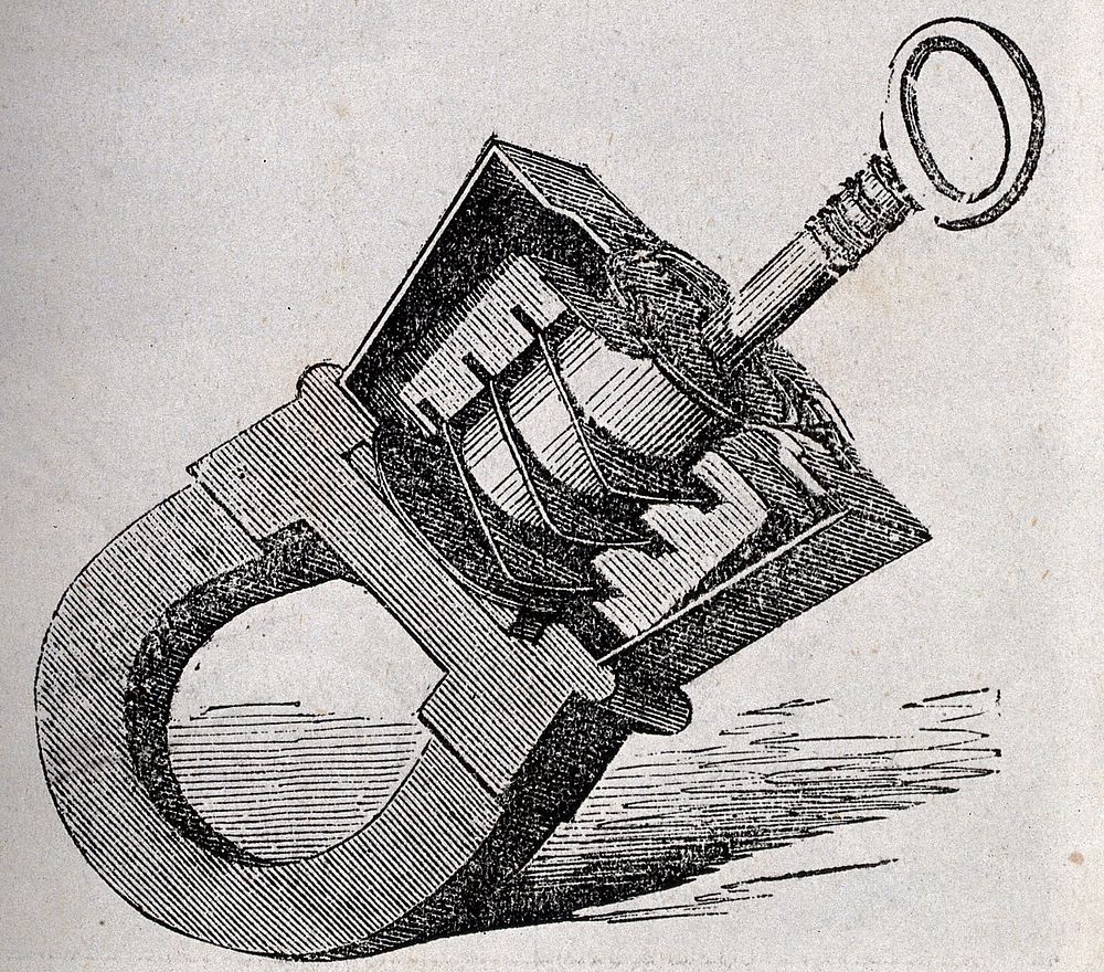 Technology: a Russian padlock and key. Wood engraving.