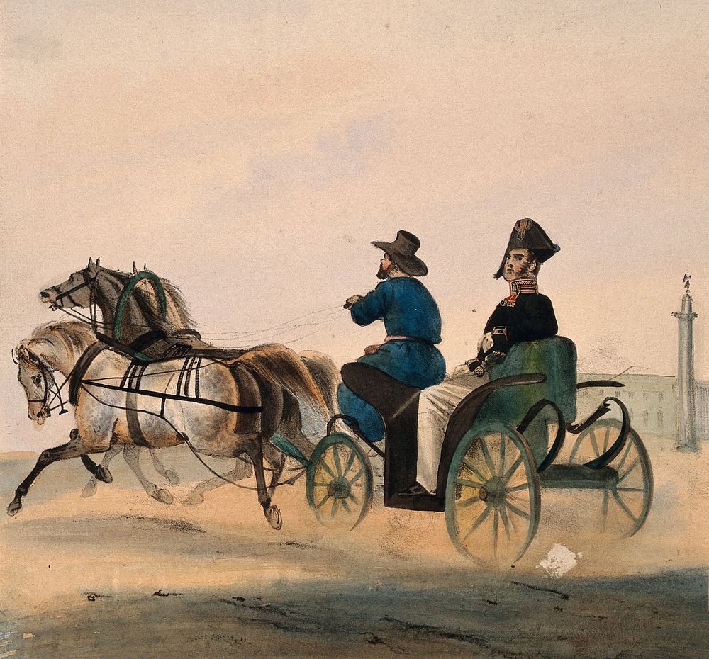 A senior German army doctor being driven at speed in a horse-drawn carriage. Coloured lithograph, c. 1870.