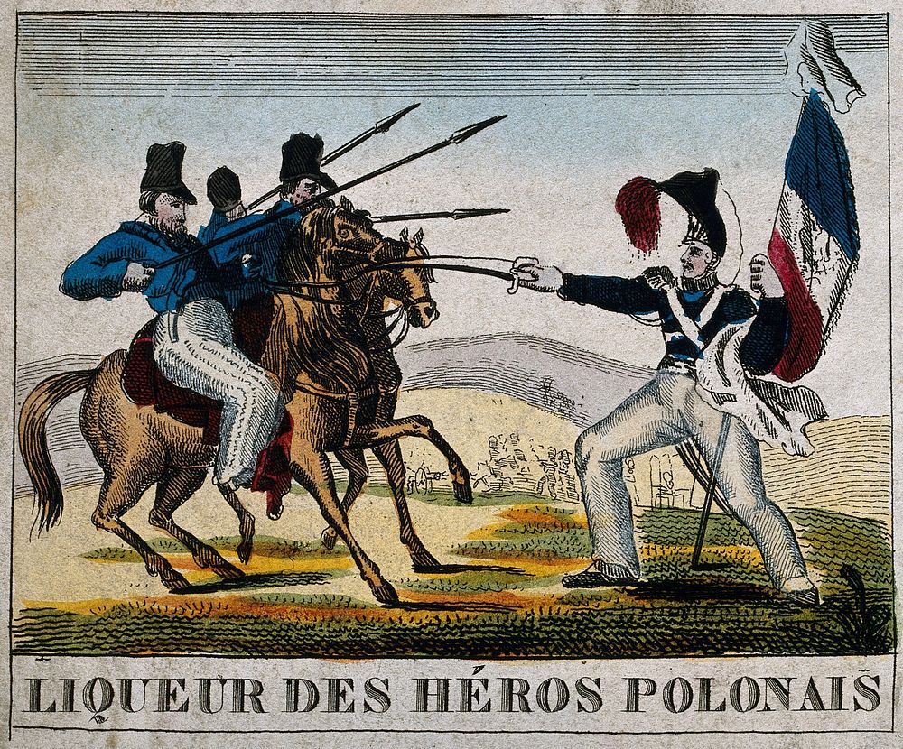 A liqueur label illustrated with a French foot-soldier attacking a Polish cavalcade. Coloured engraving, 19th century.