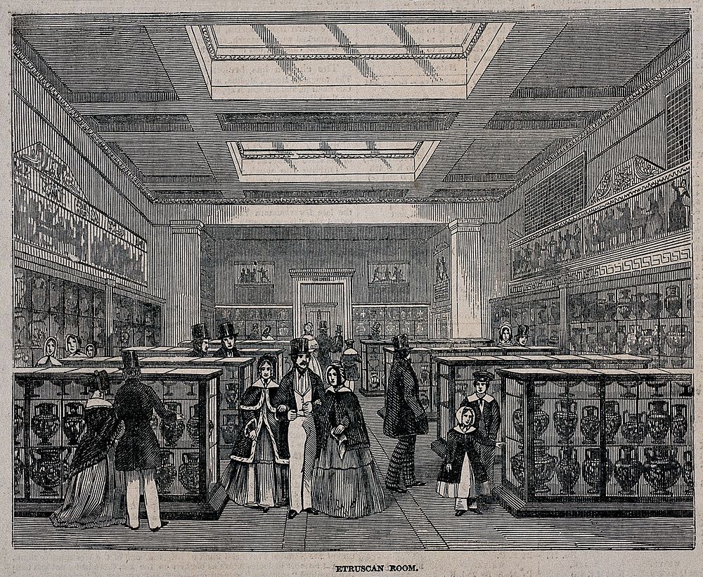 The British Museum: the Etruscan Room, with visitors. Wood engraving, 1847.