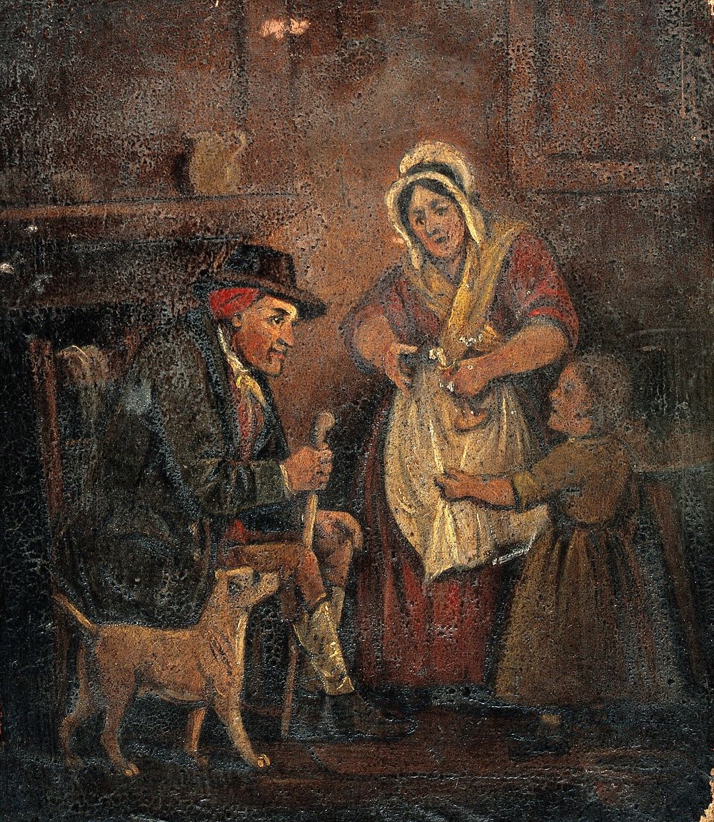 A seated man and a girl look at a candle held by a woman. Oil painting by S. Jenner, 1871.