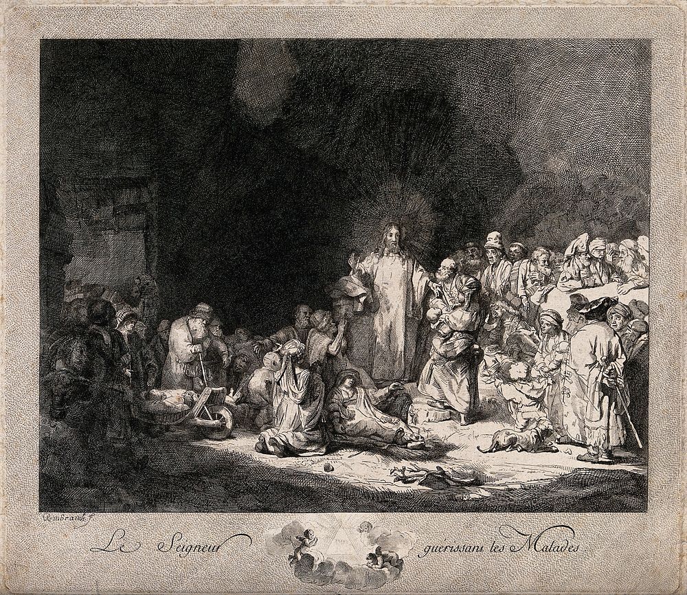 Christ stands among sick people and Pharisees ('The hundred guilder print'). Etching by J.P. Le Bas, 1776, after Rembrandt…