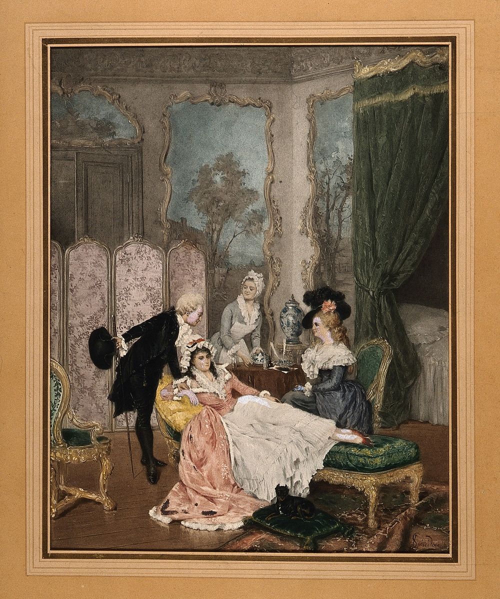 A young woman convalescing in her boudoir with a visiting couple, while her maid prepares her medicine. Reproduction of a…