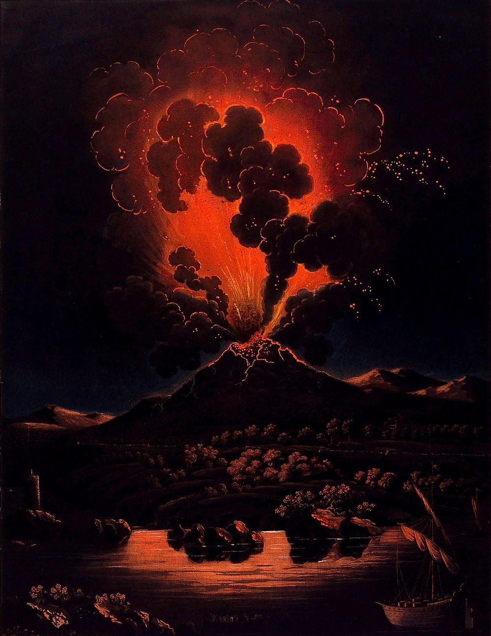 Eruption of Mount Etna at night; people in a boat in the foreground. Aquatint by F. Weber after A. d'Anna, ca. 1820.