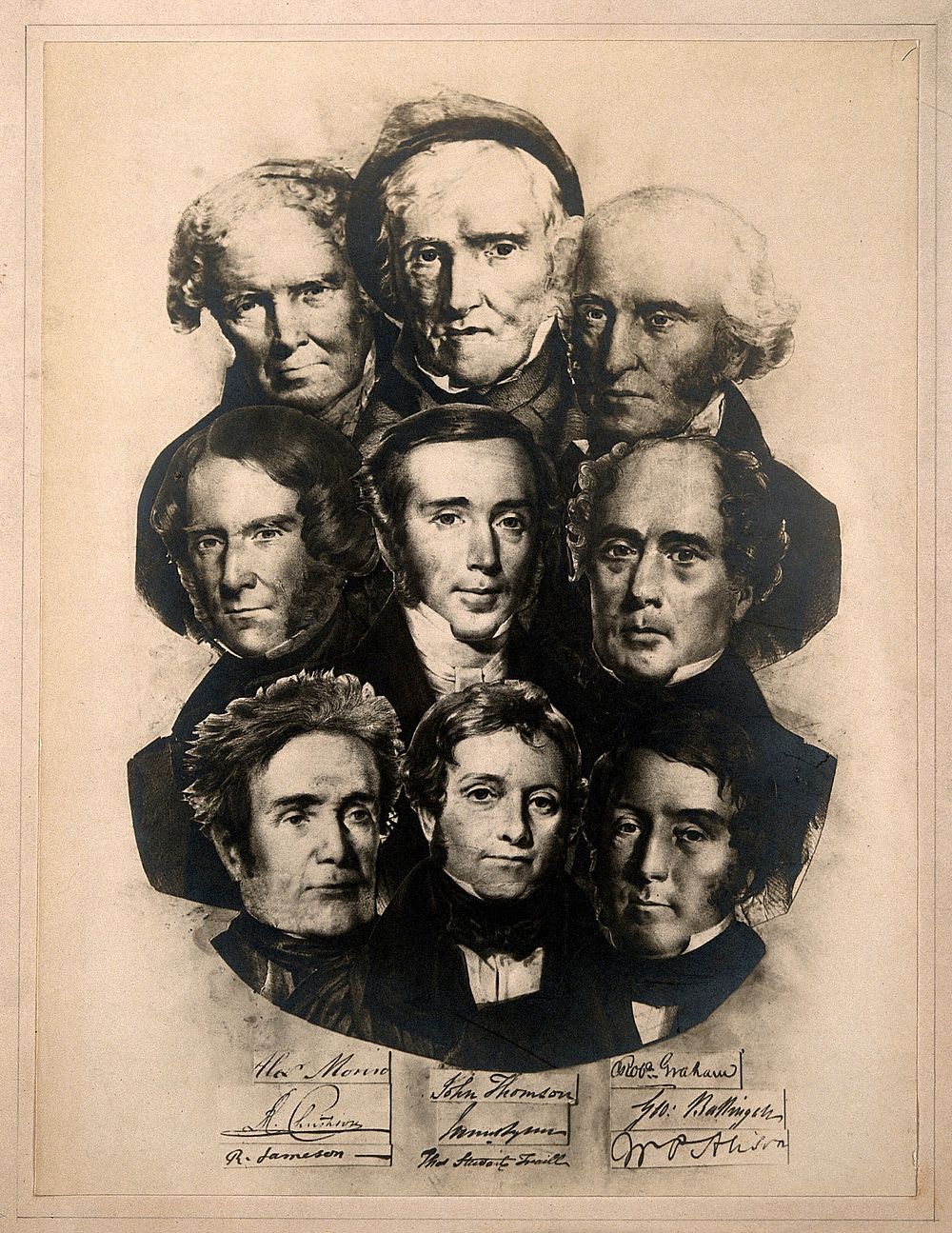 A montage of portraits of nine Scots physicians, with their signatures underneath. Photoprint.