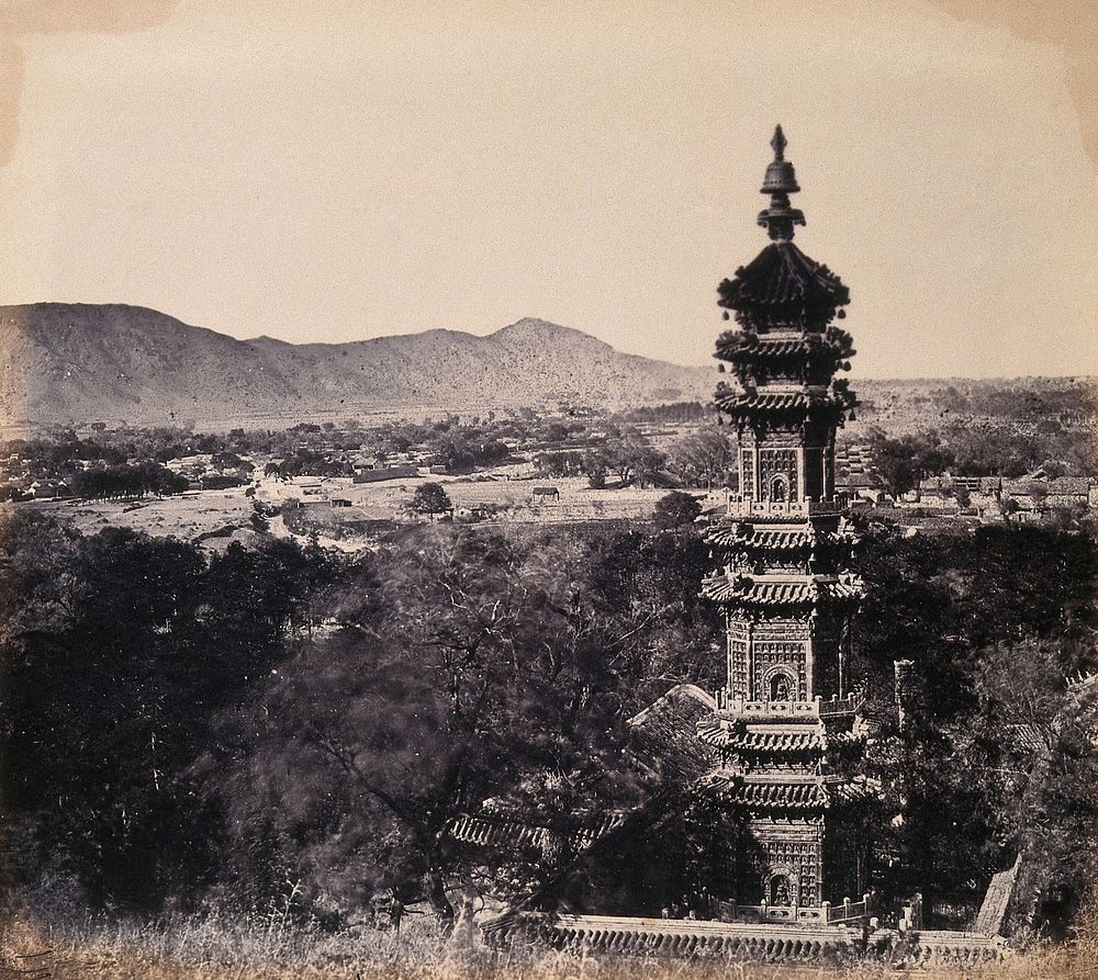 The Imperial Summer Palace (Yuan ming yuan), Beijing, China: the pagoda. Photograph by Felice Beato, 1860.