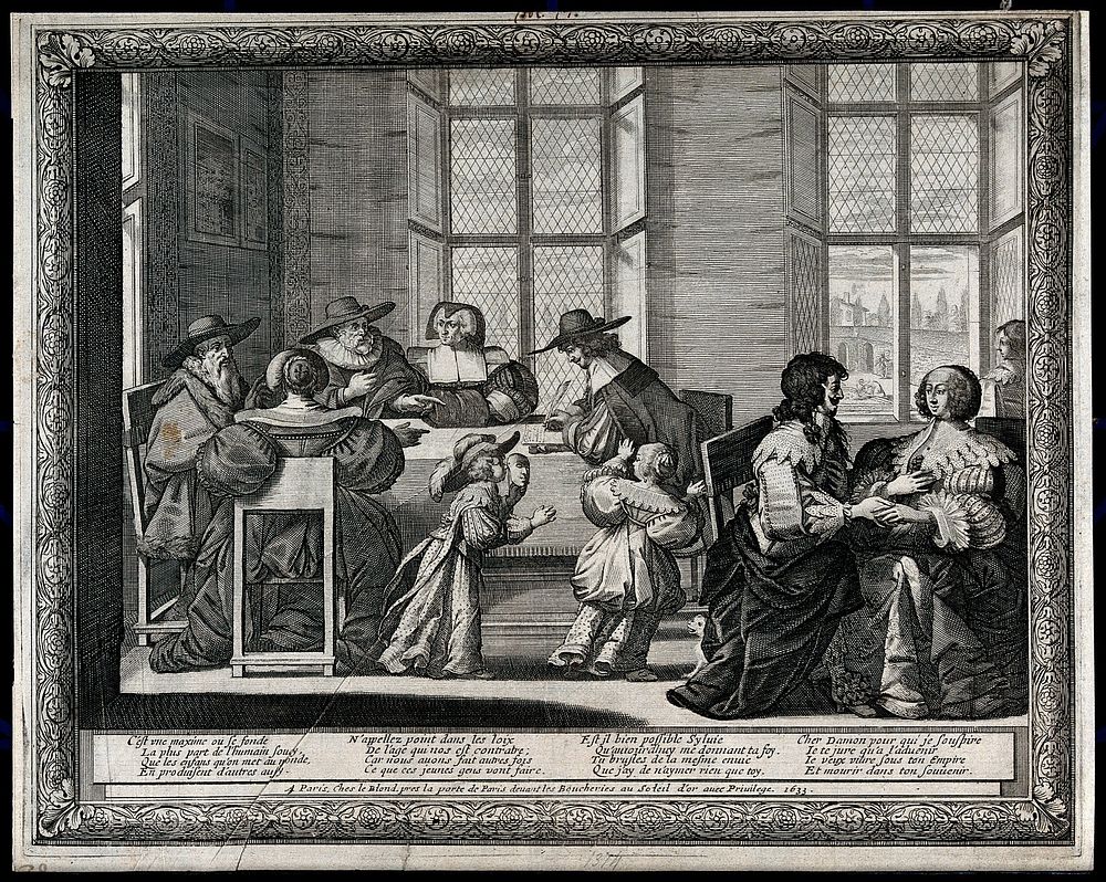 The workings and signing of a marriage contract. Engraving by Abraham Bosse, 1633.