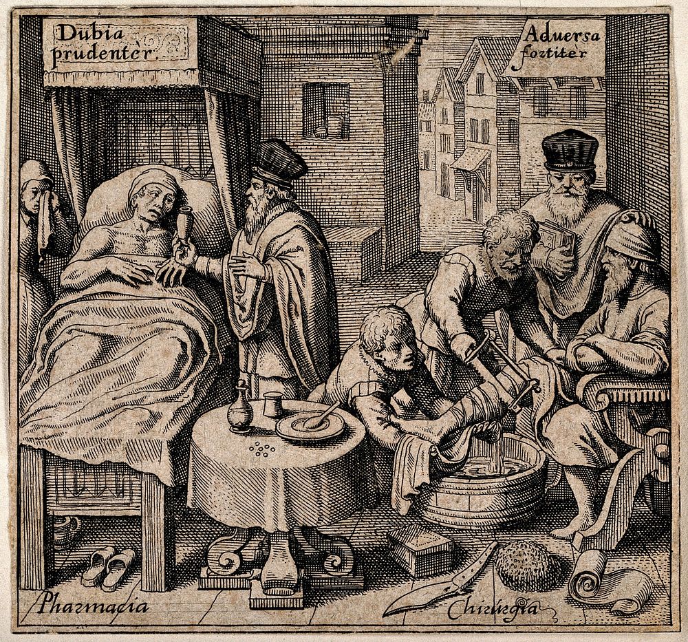A physician giving a medicine to a sick man in bed, and a surgeon, supervised by a physician, amputating the leg of seated…
