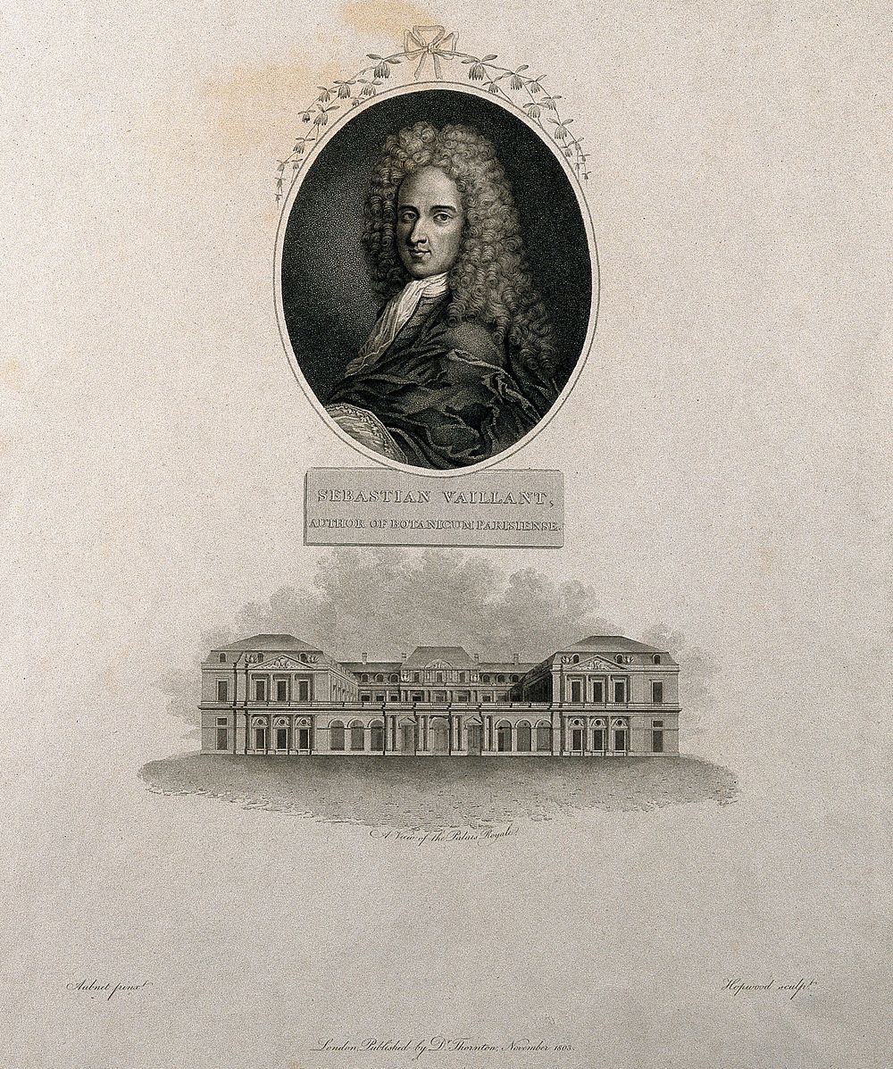 Sébastien Vaillant and Palais Royal, Paris. Stipple engraving by J. Hopwood, 1803, after C. Aubriet.