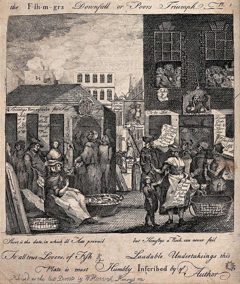 Crowds of people are gathered in the streets around fishmonger stalls. Etching.
