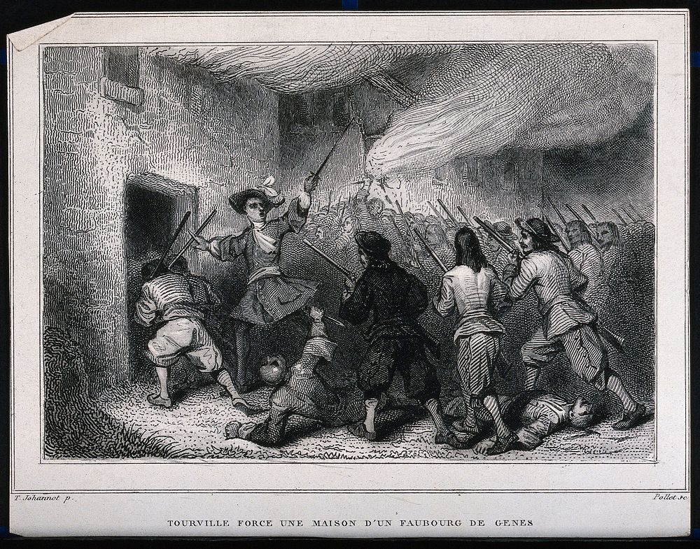 A general leading French troops into a cottage in Genoa after having set fire to other cottages. Steel engraving by V.F.…