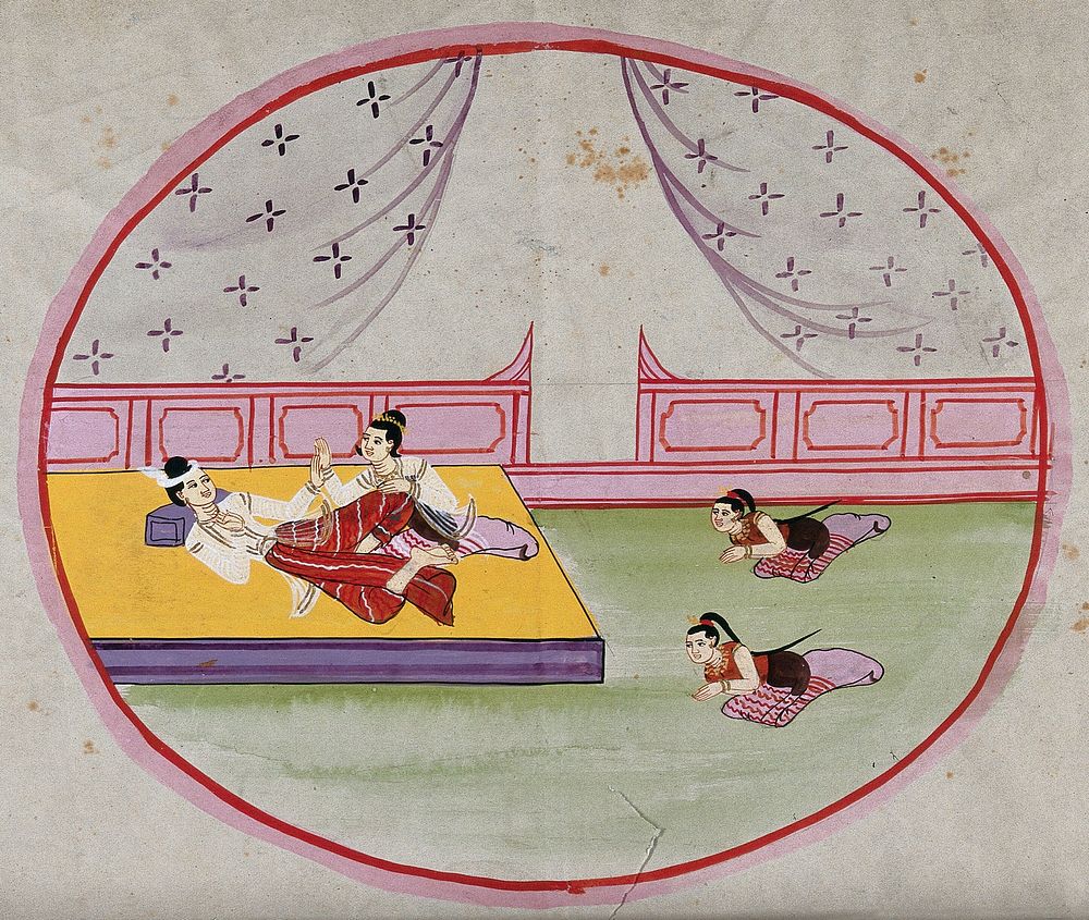 Burma: two figures reclining on a bed in a palace, while two servants pay homage. Watercolour.