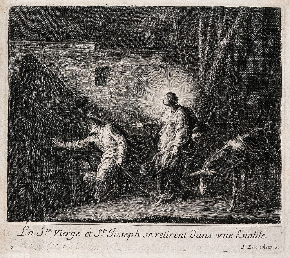 Joseph and Mary, searching for a place to stay in nocturnal Bethlehem, find a stable. Etching by J. Parrocel.