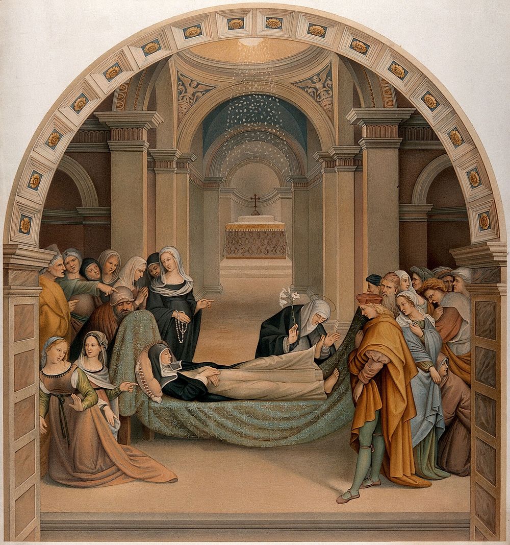 Saint Agnes of Montepulciano raising her foot when kissed by Saint Catherine of Siena. Chromolithograph.