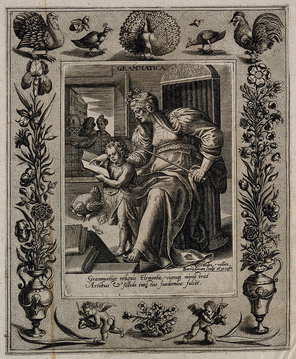 A woman teaching an infant to read; representing grammar. Engraving by A. Vallée after M. de Vos.