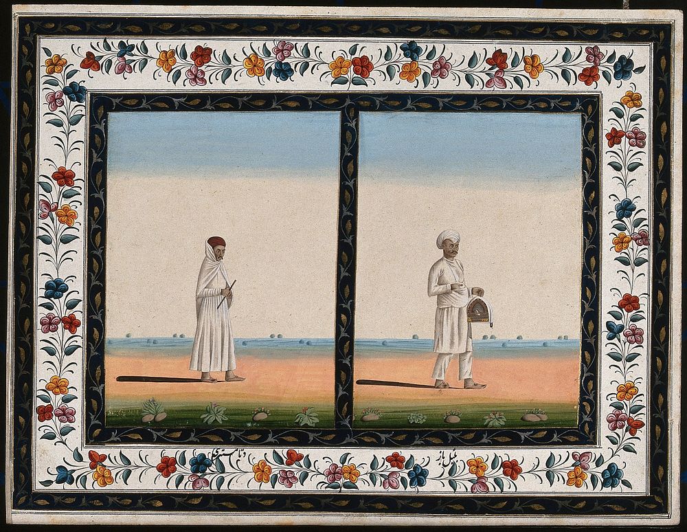 Two Indian men: (left) carrying a rod, and (right) carrying a bird in a cage. Gouache painting by an Indian artist.