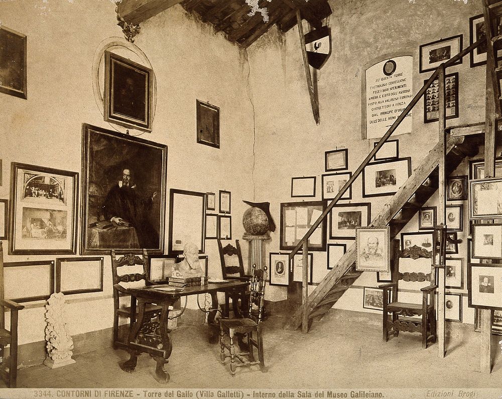 Galileo Galilei: interior of Villa del Gallo, Count Galletti's museum of Galileo, with two portraits of Galileo on the wall…