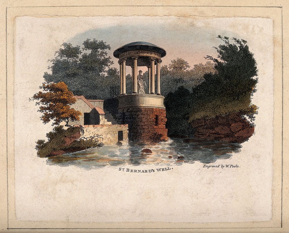 St Bernard's Well, Edinburgh, Scotland. Coloured line engraving by W. Poole.