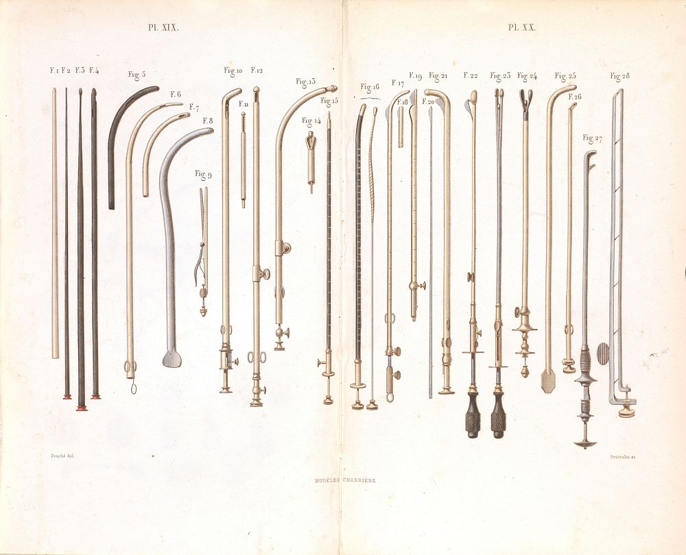 Plate XIX-XX, Surgical instruments for the treatment of diseases in the ureter and prostate.