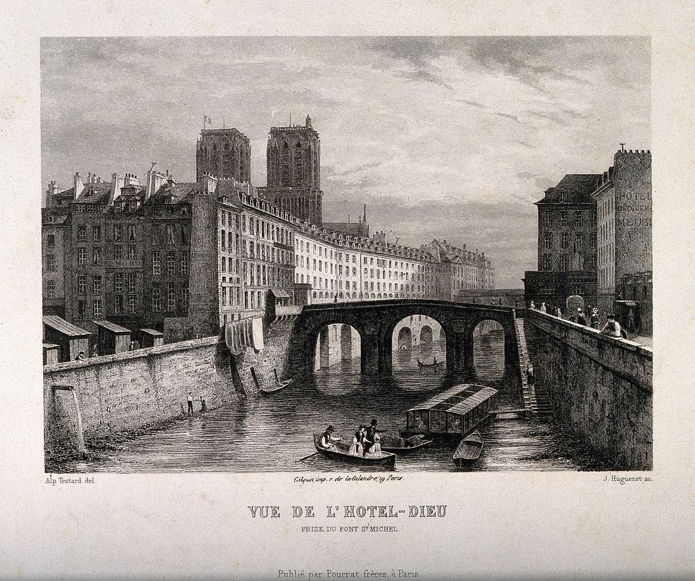 The Hôtel Dieu, Paris: as seen from Pont St. Michel and the river. Etching by J. Huguenet after A. Testard.