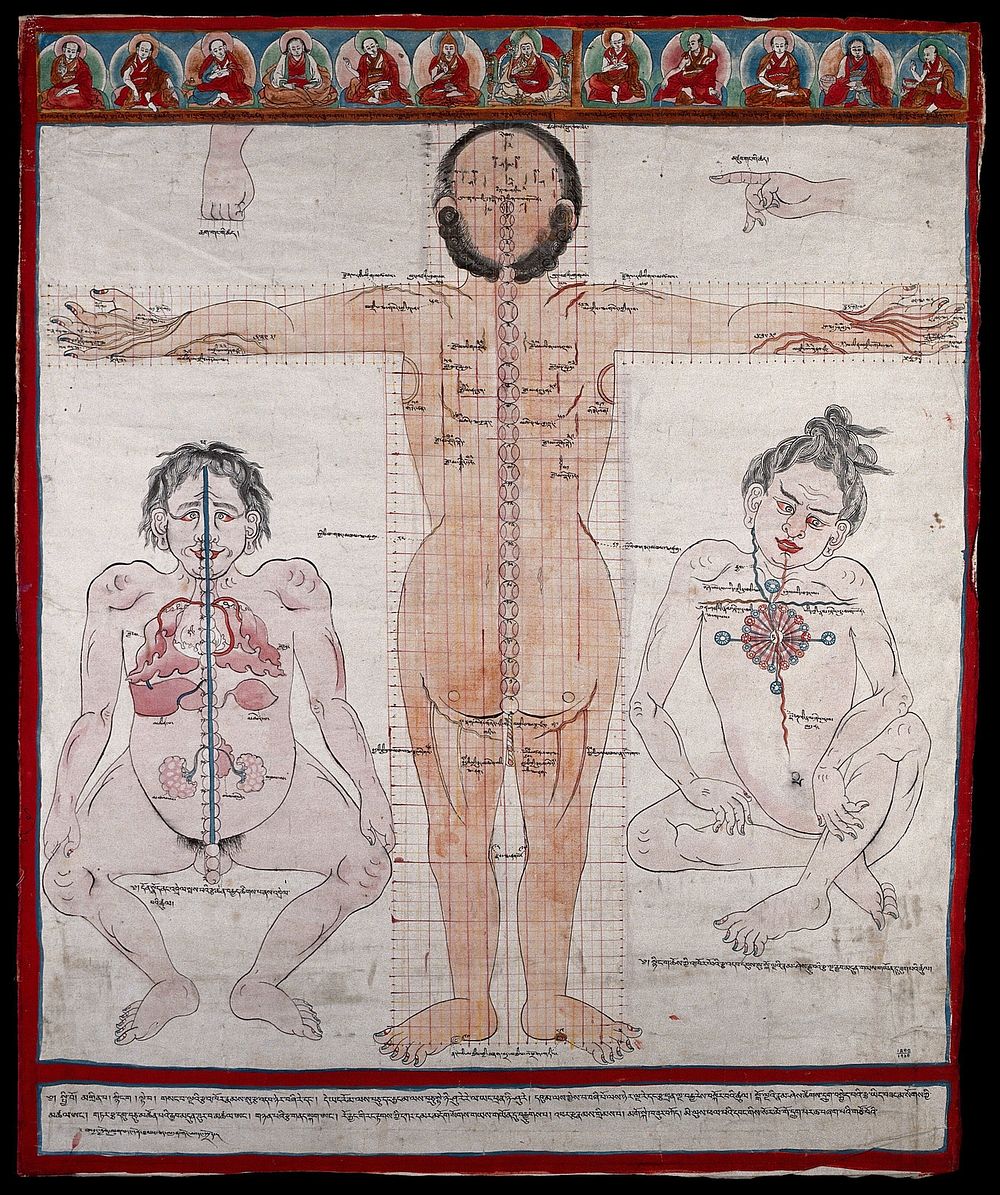 Three Tibetan anatomical figures. Watercolour, 1904.