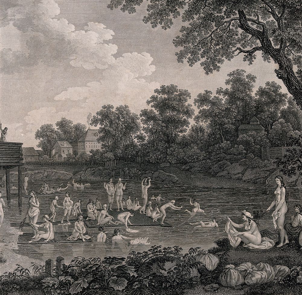 Moscow: people swimming and sunbathing at Cerebrensky public baths. Etching by M.G. Eichler, 1799, after G. de la Barthe…
