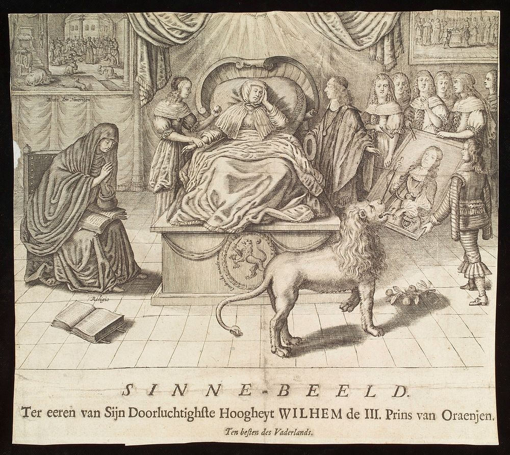 A woman lies in bed, lovesick (representing the Netherlands); attendants try to raise her spirits by showing her a portrait…