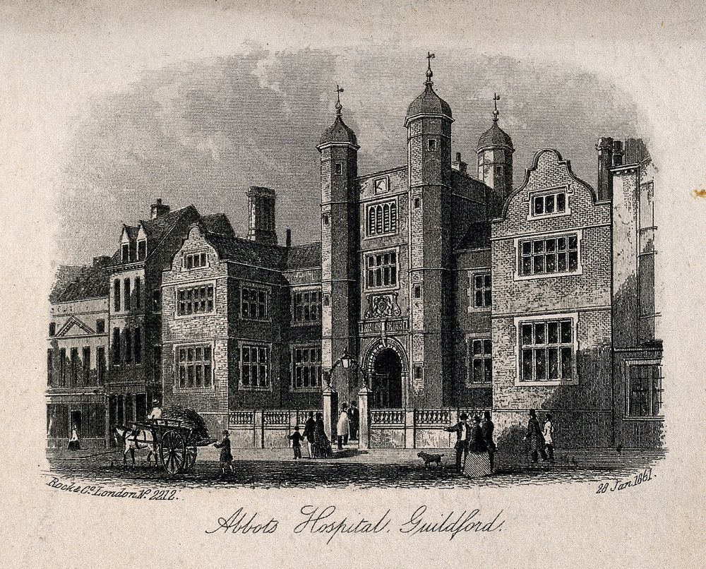 Abbot's Hospital, Guildford, Surrey. Line engraving, 1861.