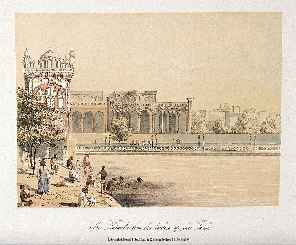 People swimming in and relaxing by an enormous open air tank (in India). Coloured lithograph.