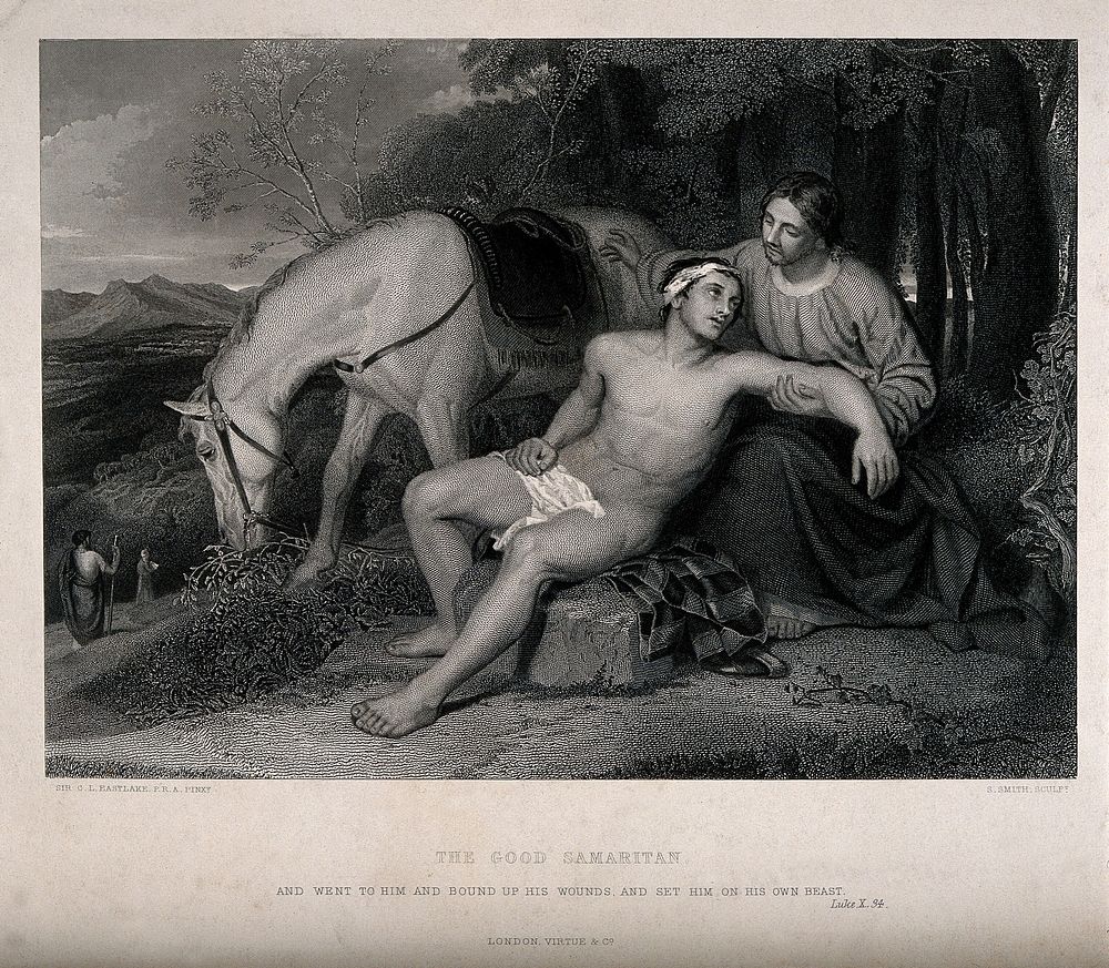 The good Samaritan helping a stranger who has been ignored by a priest and Levite. Line engraving by S. Smith after C.L.…