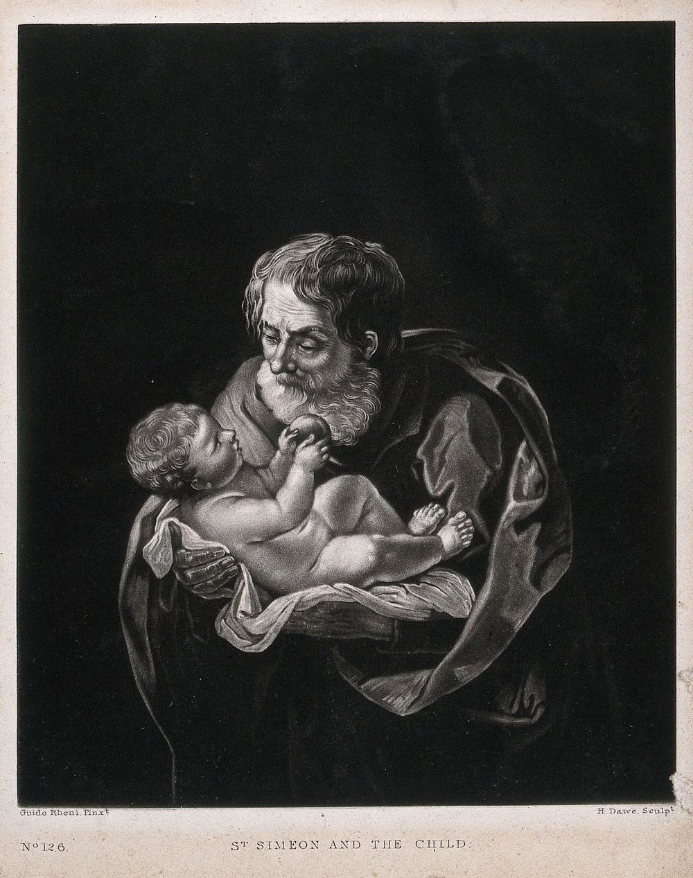 Simeon holds the Christ child, who is holding an apple. Mezzotint by H. Dawe after G. Reni.