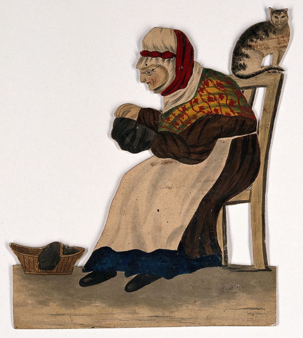 An old woman seated, sewing, with a cat on the back of her chair. Watercolour attributed to S. Jenner.