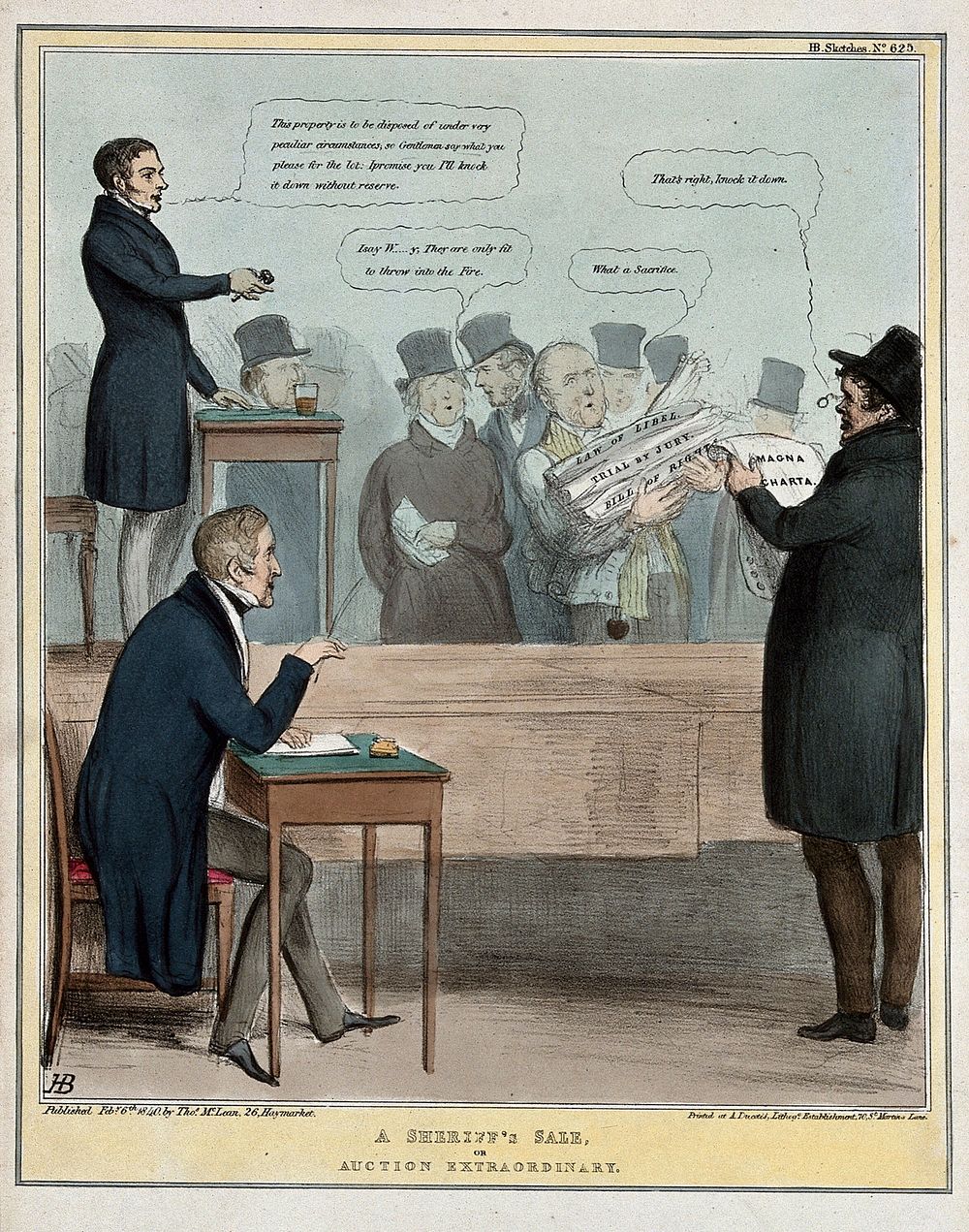 Lord John Russell, as an auctioneer with Sir Robert Peel as his clerk, auction a bundle of papers inscribed "law of libel"…