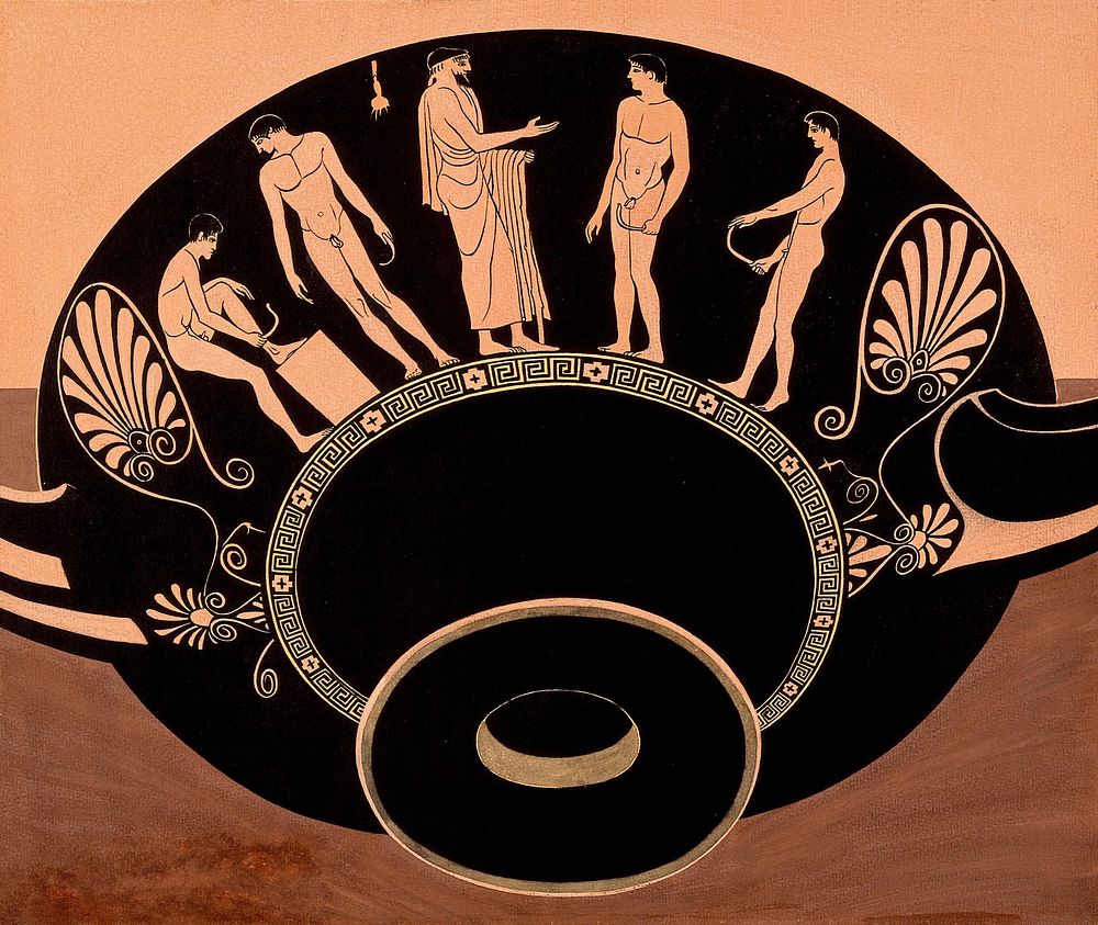 Bowl decorated with young men using strigils. Gouache painting by S.W. Kelly, 1937.