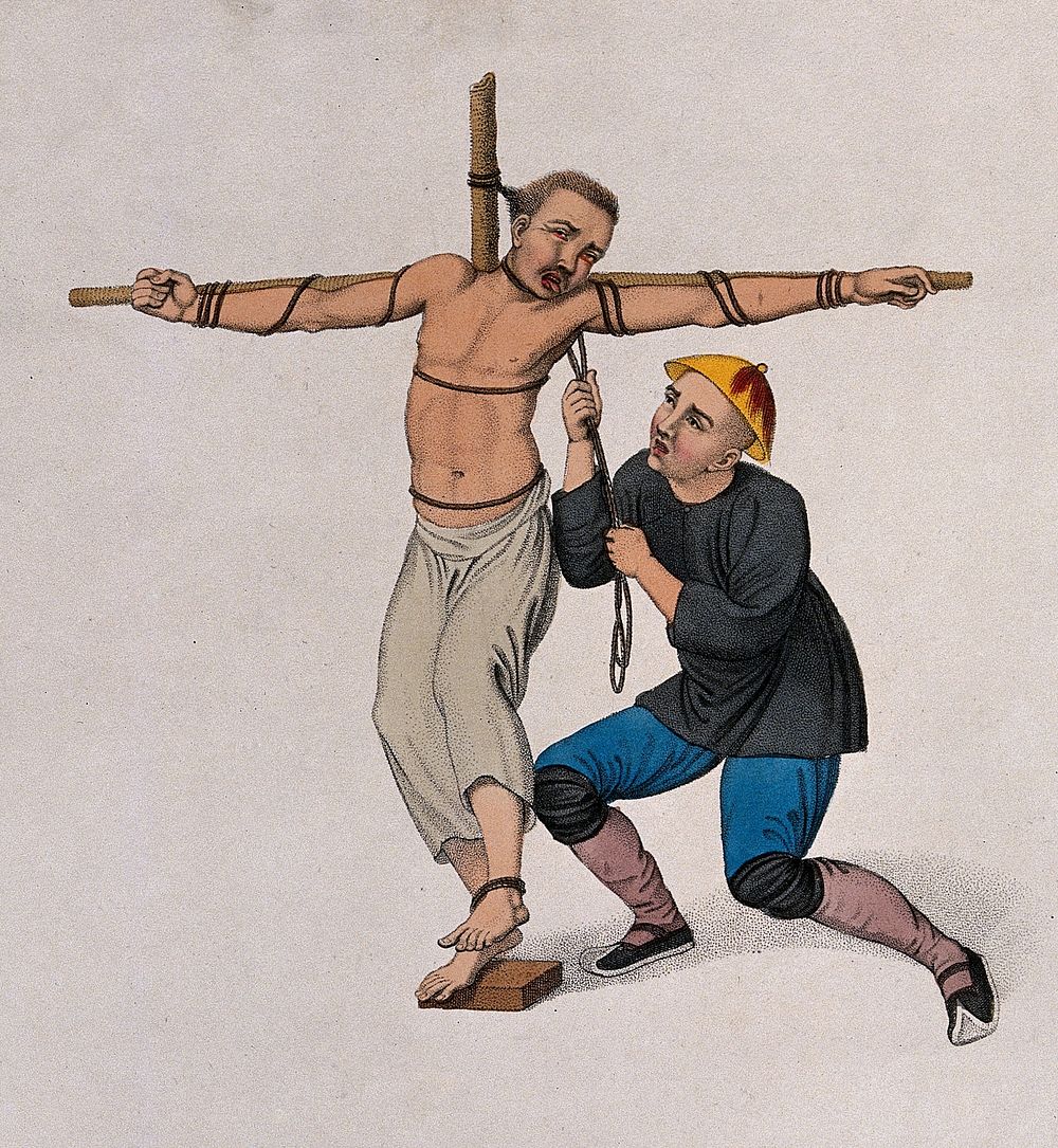 A Chinese man being garroted on a cross with a rope. Coloured stipple print by J. Dadley, 1801.