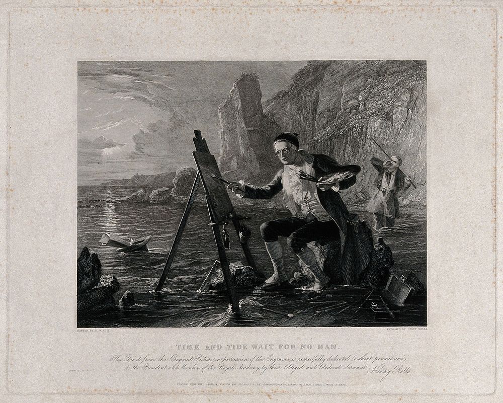 An artist seated on a rock at the sea shore and oblivious to the rising tide. Engraving by H. Rolls, 1835, after R.W. Buss.