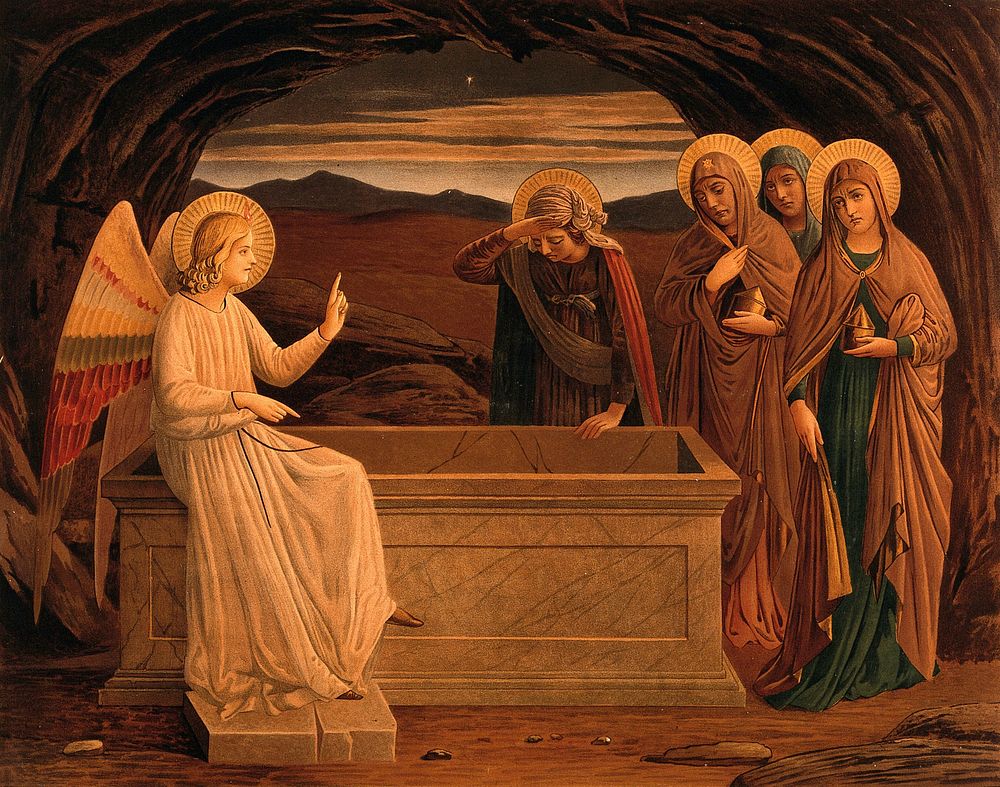 The women at the grave of Christ: anangel tells them that he is risen. Colour lithograph by M. and N. Hanhart after J.E.…