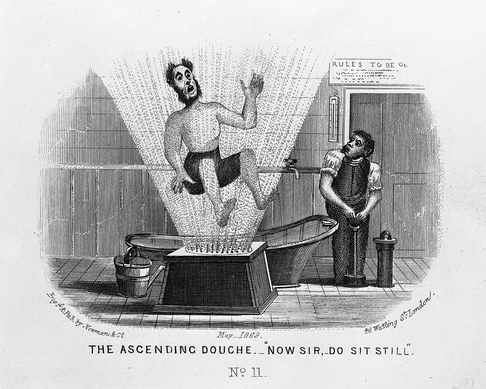 A man visiting a health resort is being sprayed with water coming from a stool on which he is trying to sit. Etching, 1869.