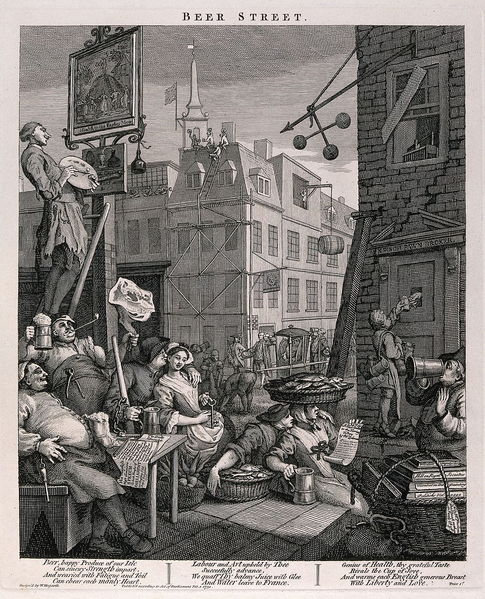 A busy street corner with traders stopping for a tankard of beer and an artist painting a pub sign. Engraving, c. 1751…