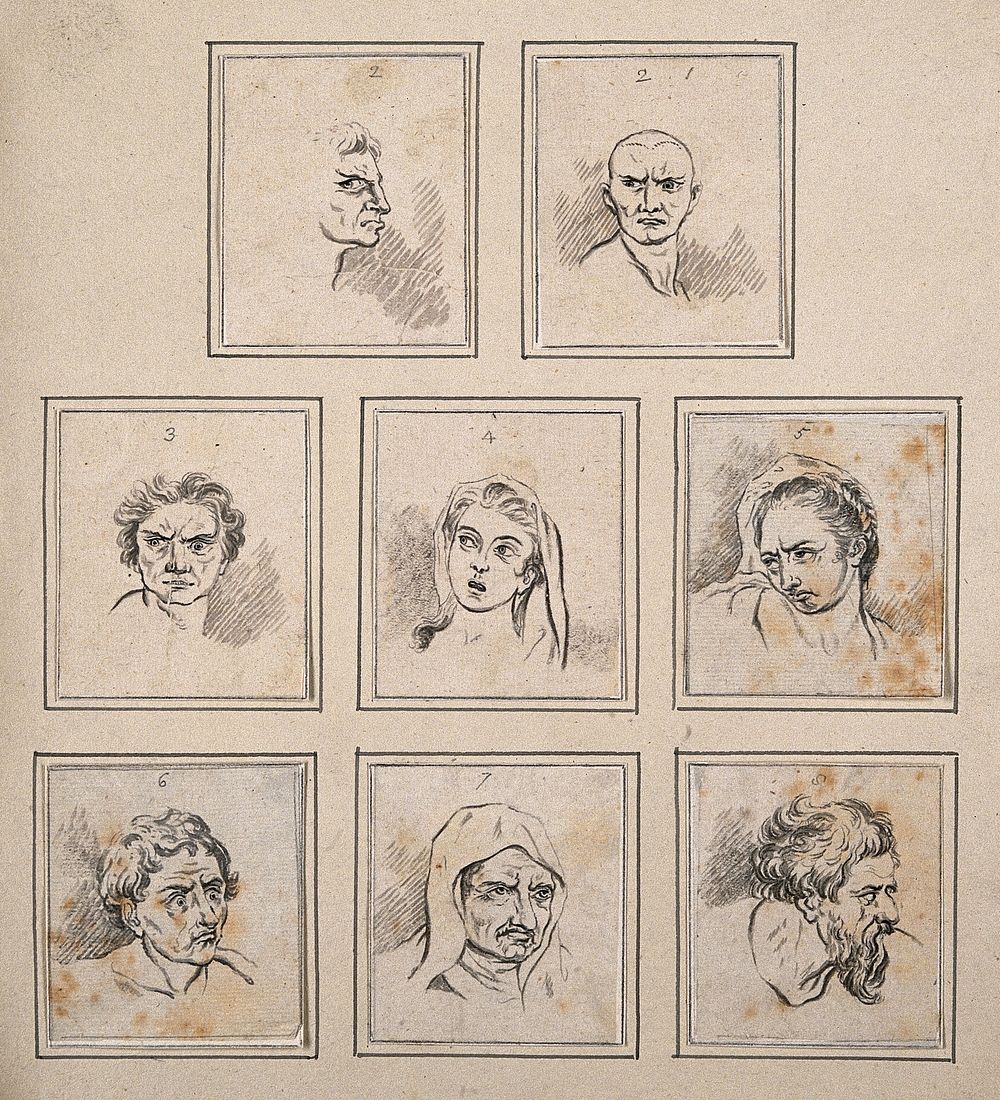 Eight physiognomies. Drawing, c. 1789, after D.N. Chodowiecki and C. Le Brun.