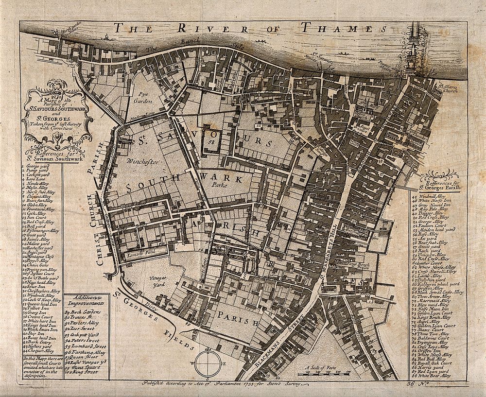 Southwark, London: map of the borough with key. Etching, 1755.