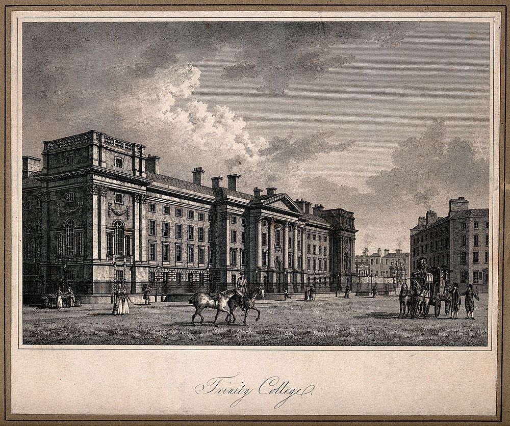Trinity College, Dublin, Ireland. Line engraving after T. Jacobsen.