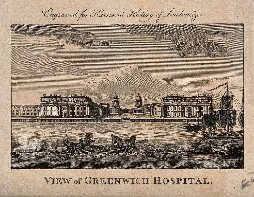 Royal Naval Hospital, Greenwich: ships and rowing boats in the foreground. Engraving, 1775, after T. Bowles, 1753.