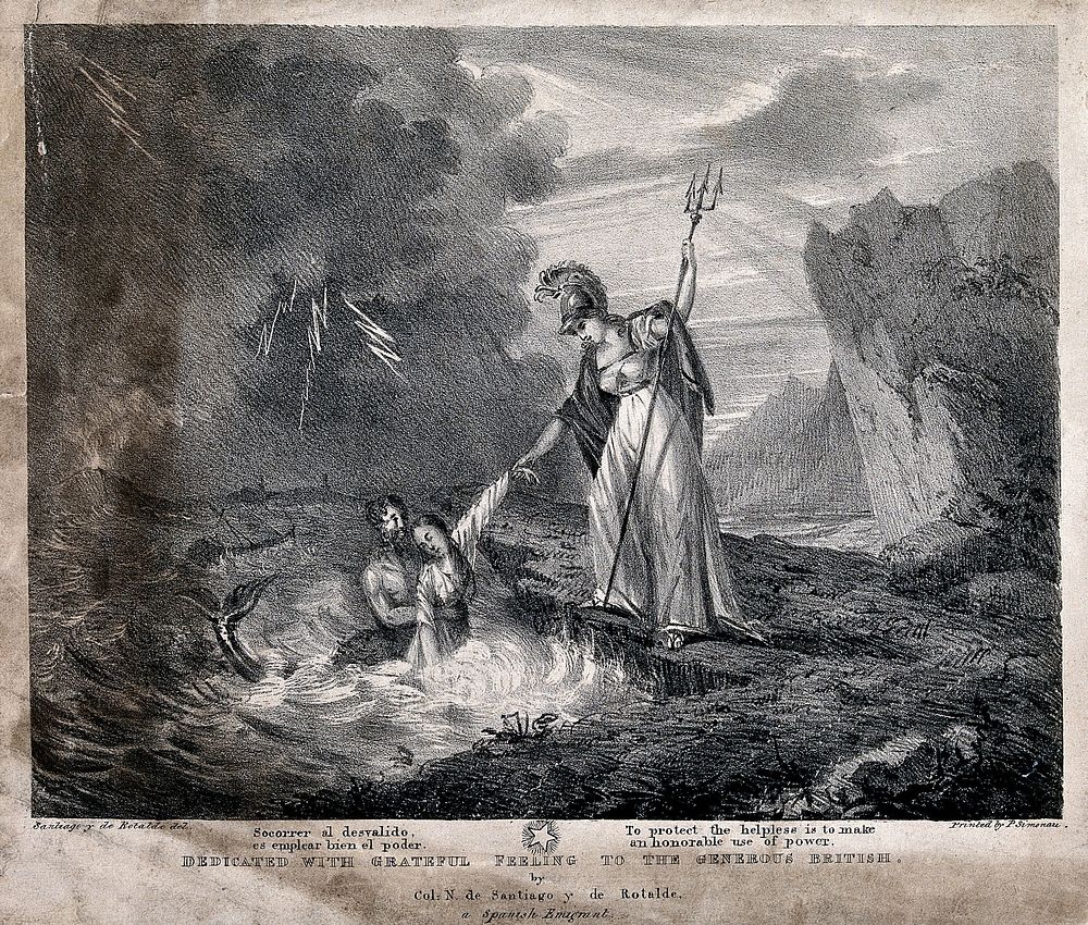 Britannia helps a triton to save a shipwrecked woman from the stormy sea. Aquatint after N. de Santiago y de Rotalde.