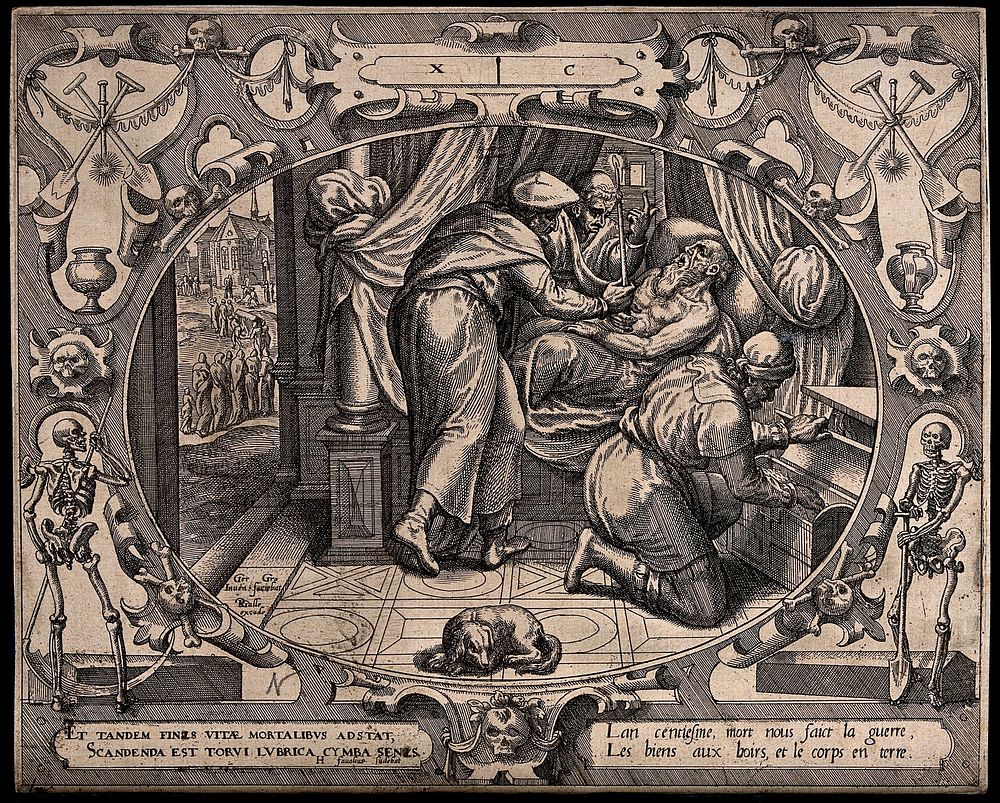 The years of a man's life from 90 to 100: death. Engraving by Gerard van Groeningen, 1572.