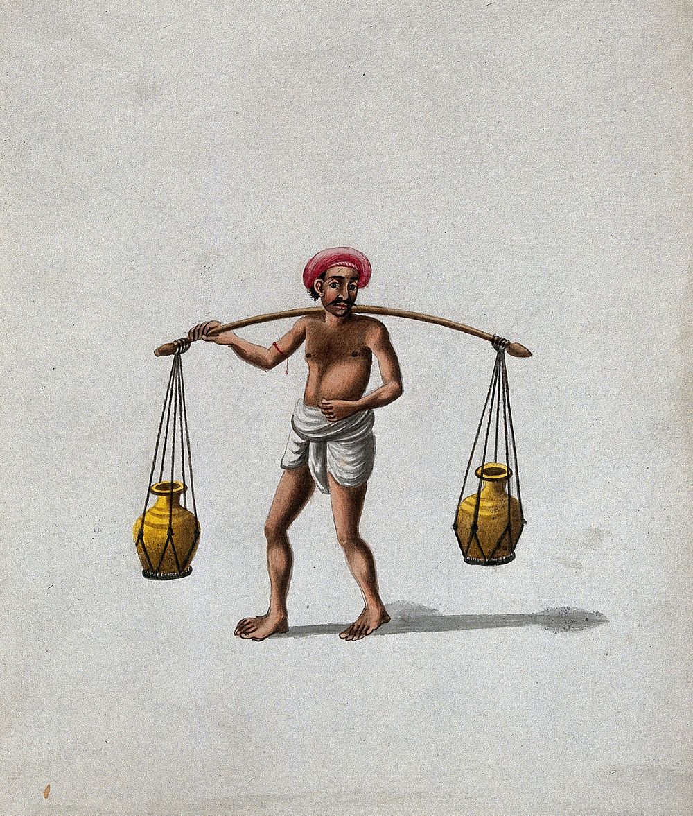 A man carrying a wooden pole (yoke) with pots suspended on either ends. Gouache painting by an Indian artist.