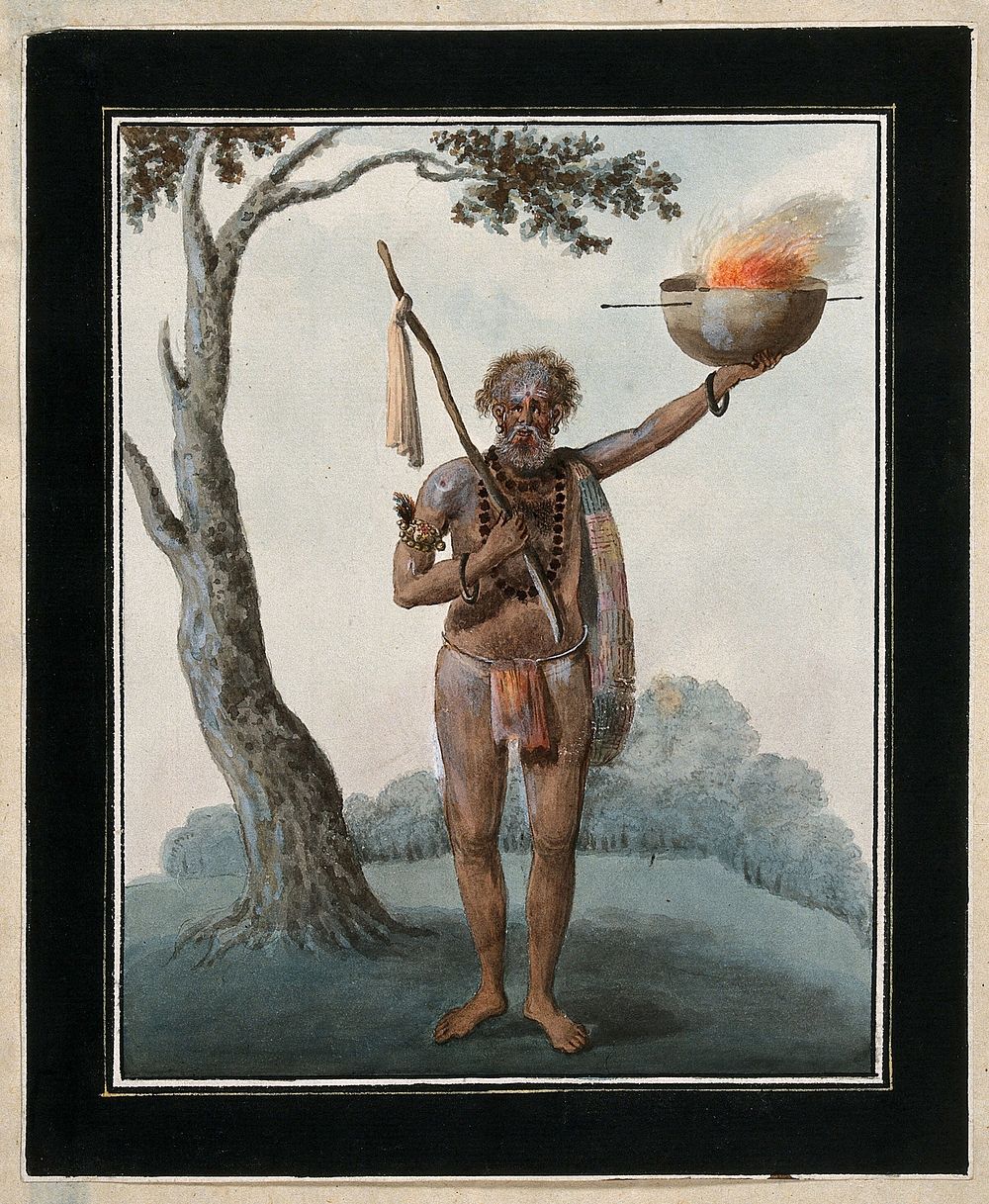 A fakir (mendicant monk) or holy man, holding up a bowl of fire. Gouache painting by an Indian artist.